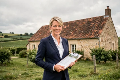 Agent immobilière professionnelle devant une maison vendéenne en pierre, illustrant le classement des meilleurs agents immobiliers en Vendée