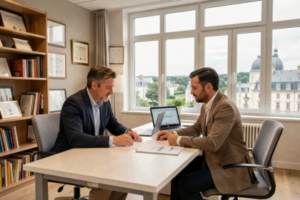 Un courtier en prêt immobilier et son client en consultation dans un bureau moderne en Centre-Val de Loire