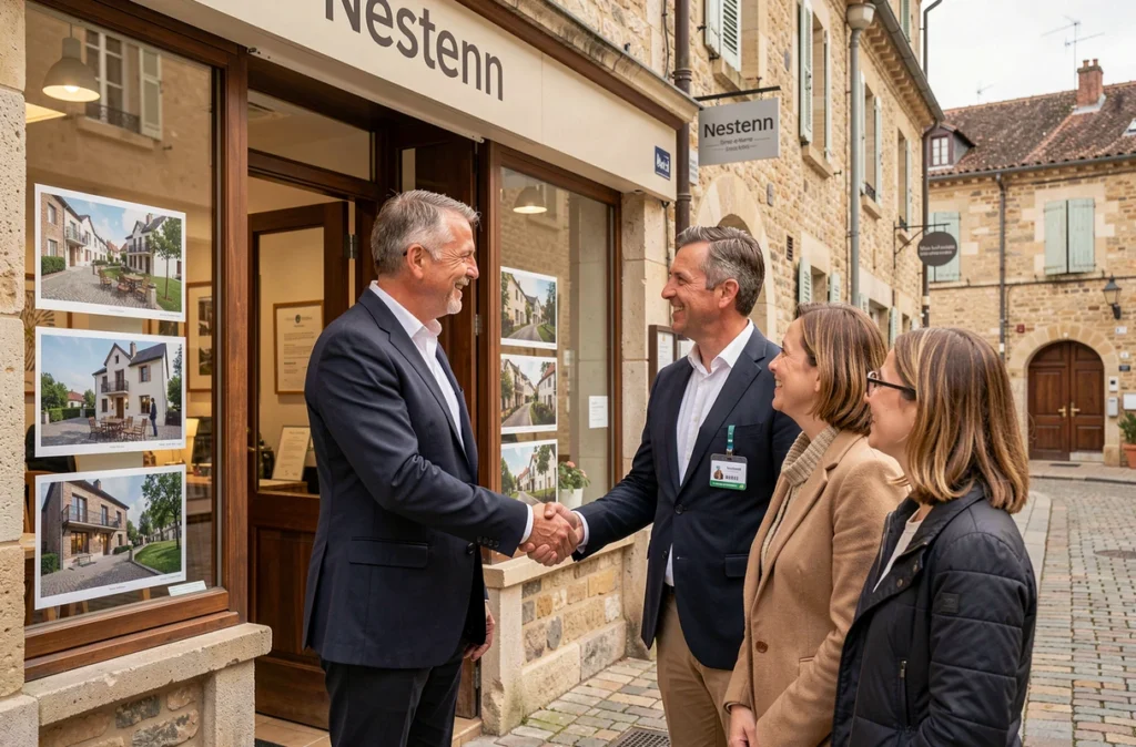 Agent Nestenn accueillant des clients devant l'agence en Seine-et-Marne