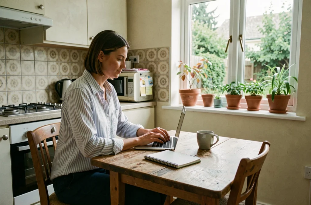 Femme recherchant une location de maison avec jardin sur ordinateur portable dans une cuisine simple
