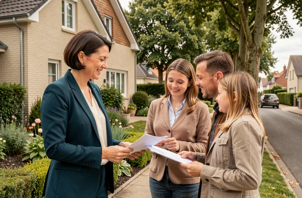 Conseillère Safti présentant un bien immobilier à une famille en Seine-et-Marne