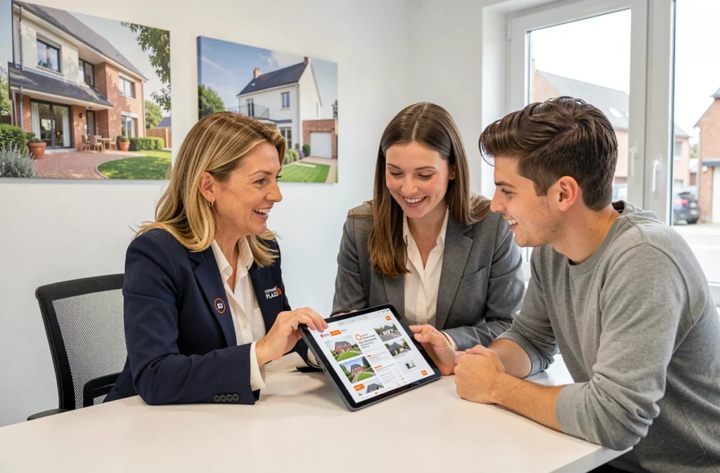 Agente Stéphane Plaza Immobilier Challans conseillant un jeune couple autour d'une tablette dans les bureaux modernes de l'agence