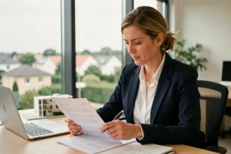 Gestionnaire locative professionnelle en train de réviser un contrat de location dans une agence immobilière de l'Essonne