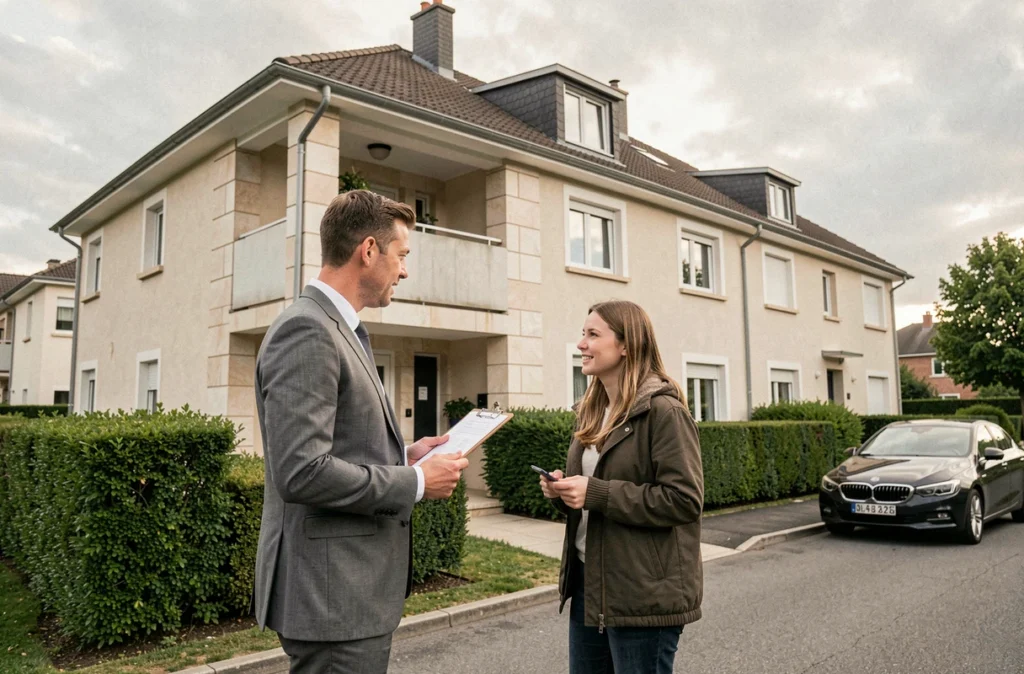 Agent immobilier présentant un immeuble résidentiel à des locataires dans un quartier pavillonnaire de l'Essonne